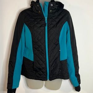 Hemisphere Women's Quilted Full-Zip Hooded Tech Jacket – Black & Teal Size M